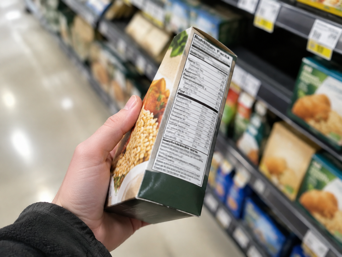 Dłoń czyta etykietę produktu spożywczego w sklepie